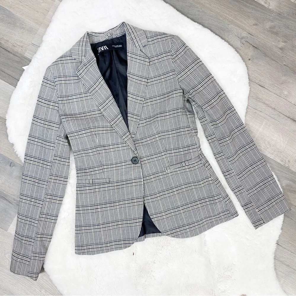 Zara Blazer Jacket Womens 2 Black‎ White Tan Single Breasted Lined Suit Button